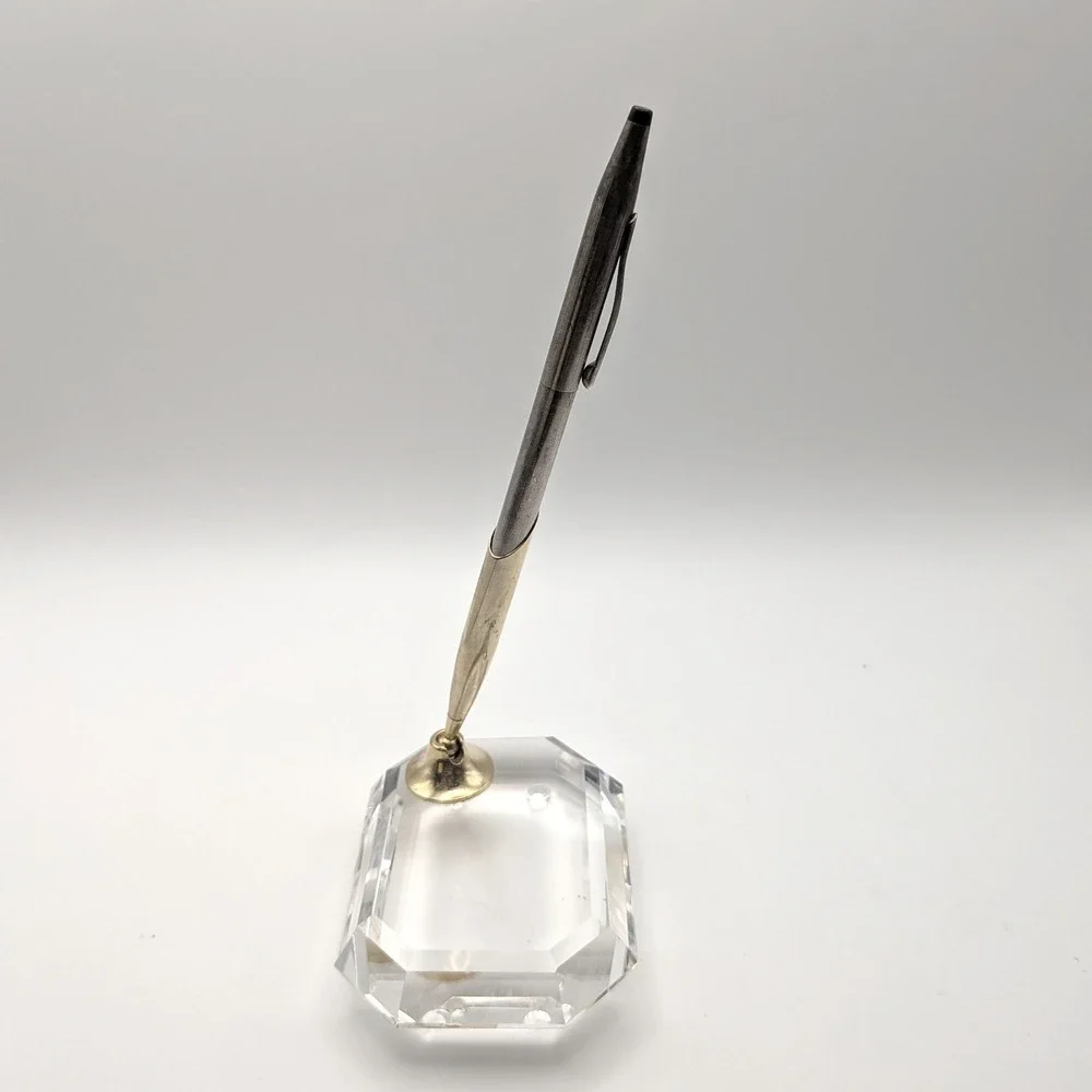 Asfour Crystal Emerald Cut Desk Pen Holder Gold-tone Swivel Base Fits Cross Pens